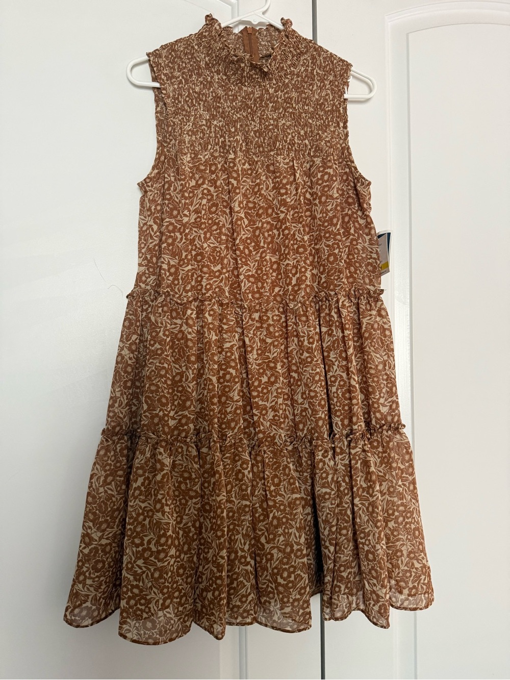 Taylor Rust Brown Floral Smocked Tiered Dress